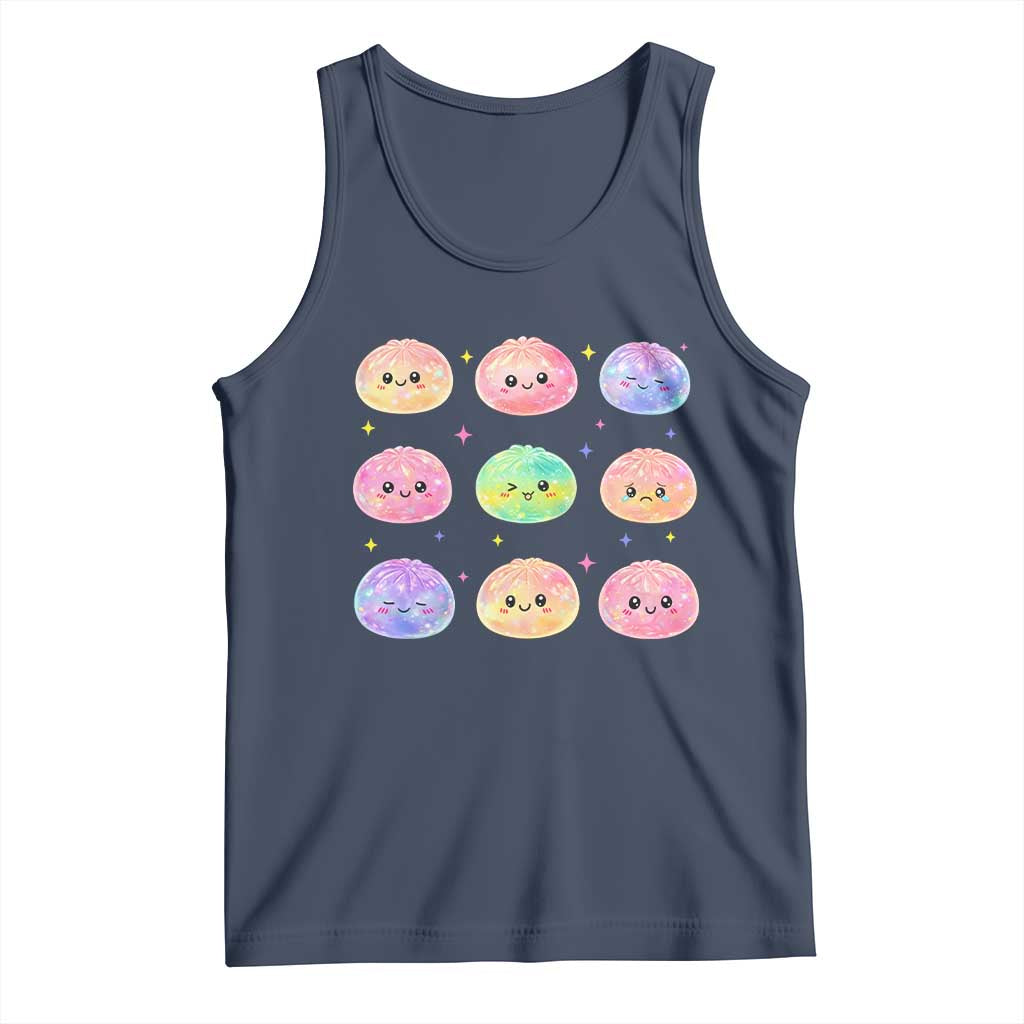 Kawaii Glitter Dumpling Face Grid Graphic Tank Top Cute Pastel Bao Emoji Expressions