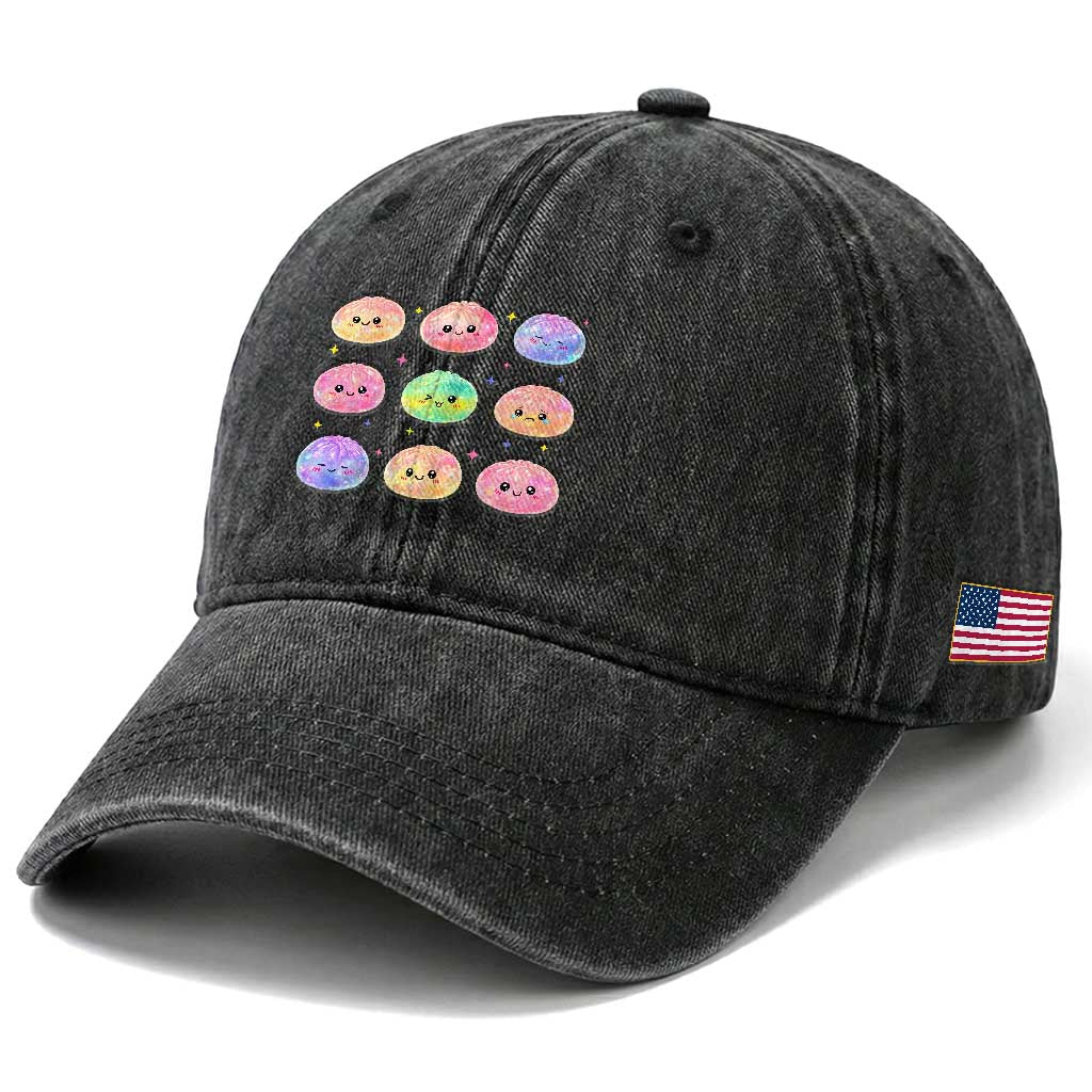 Kawaii Glitter Dumpling Face Grid Graphic Washed Cotton Baseball Cap Cute Pastel Bao Emoji Expressions