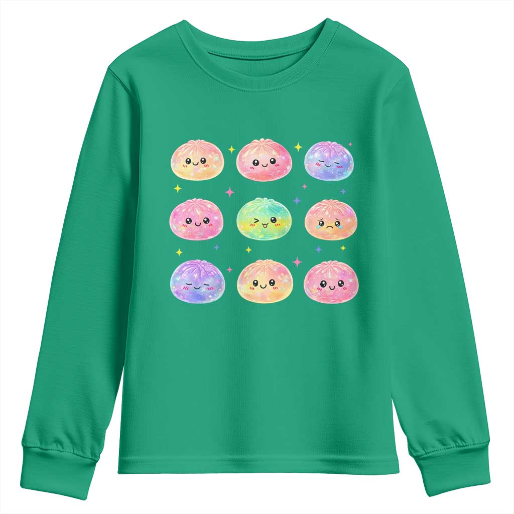 Kawaii Glitter Dumpling Face Grid Graphic Youth Sweatshirt Cute Pastel Bao Emoji Expressions
