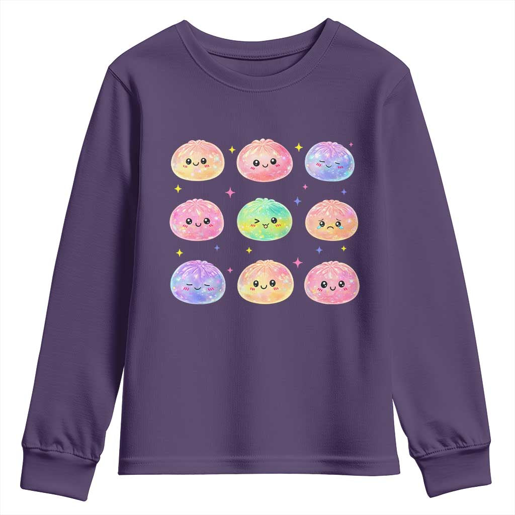 Kawaii Glitter Dumpling Face Grid Graphic Youth Sweatshirt Cute Pastel Bao Emoji Expressions