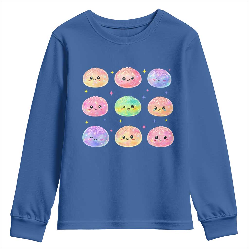Kawaii Glitter Dumpling Face Grid Graphic Youth Sweatshirt Cute Pastel Bao Emoji Expressions