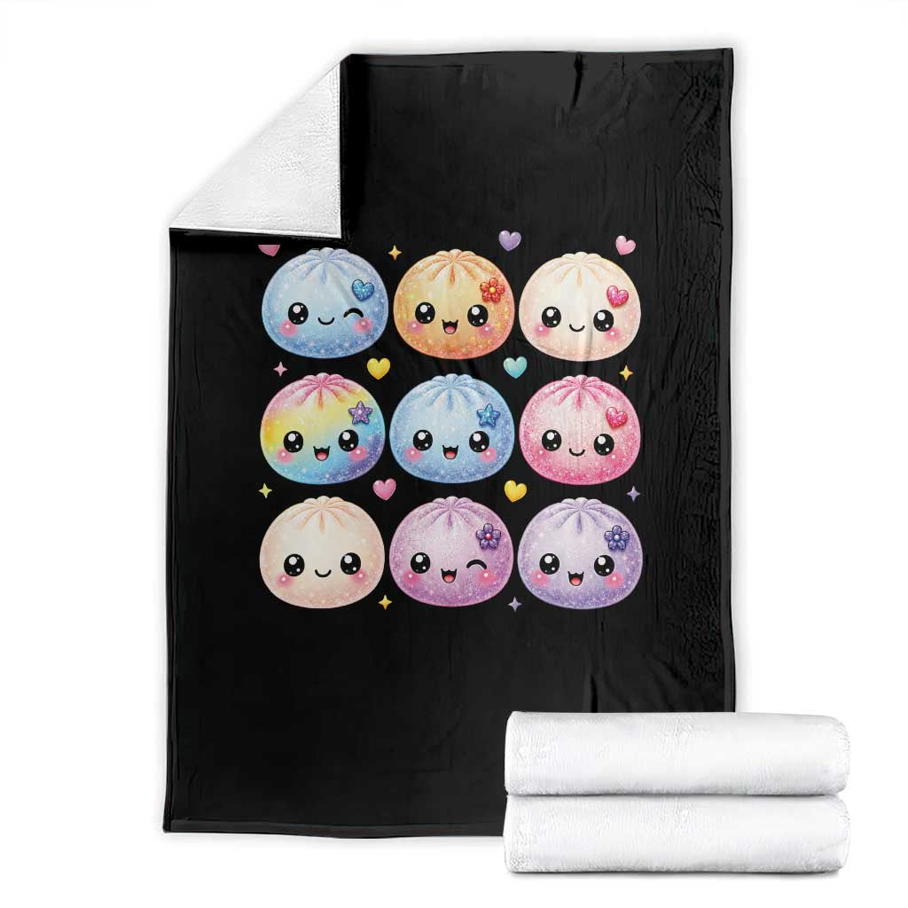 Kawaii Glitter Dumpling Bao Dim Sum Graphic Throw Blanket Cute Pastel Foodie Squishy Hearts and Flowers