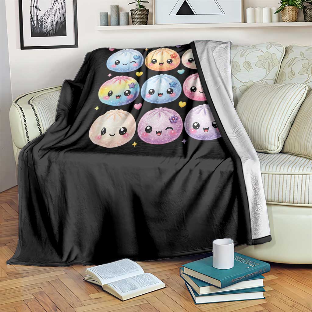 Kawaii Glitter Dumpling Bao Dim Sum Graphic Throw Blanket Cute Pastel Foodie Squishy Hearts and Flowers
