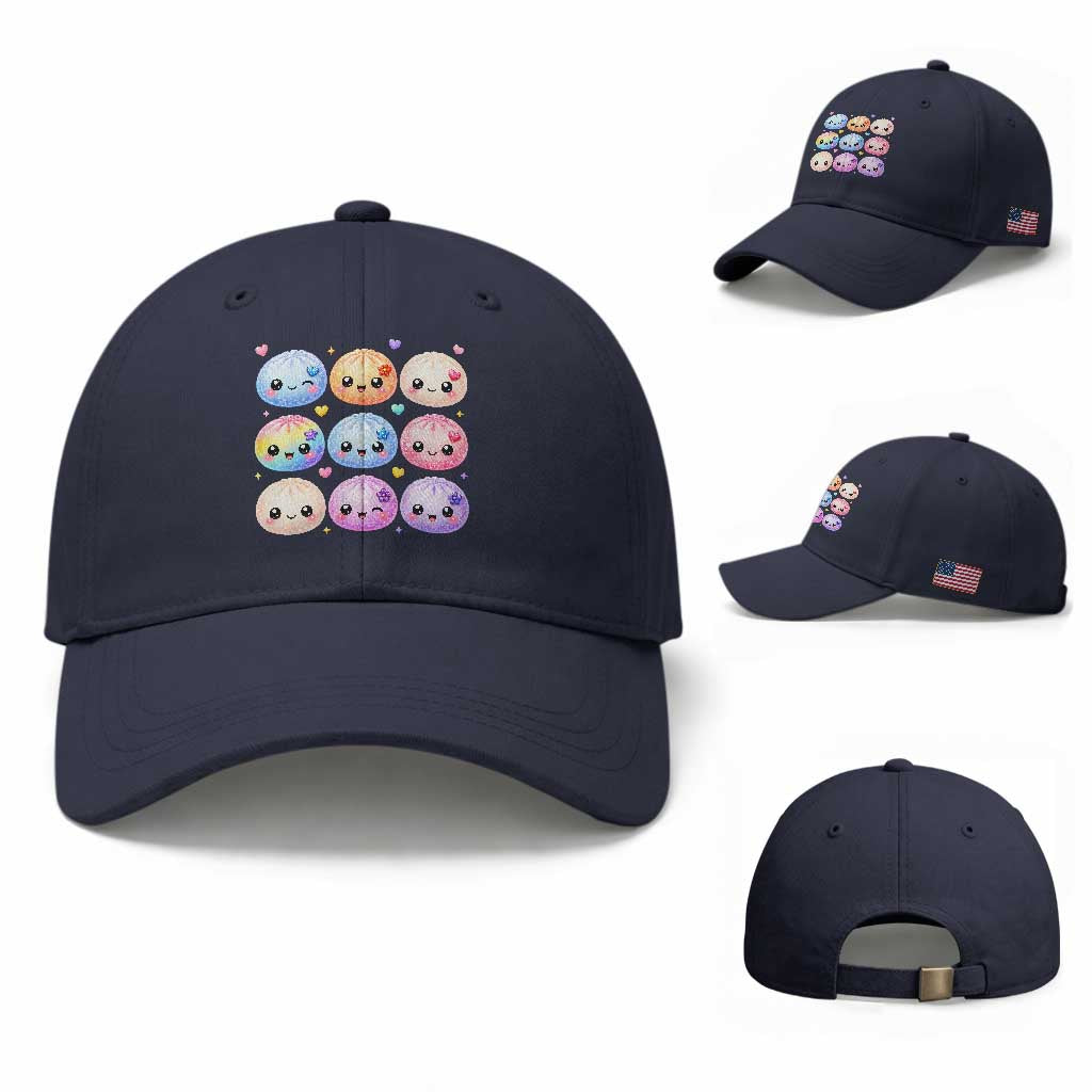 Kawaii Glitter Dumpling Bao Dim Sum Graphic Baseball Cap Cute Pastel Foodie Squishy Hearts and Flowers