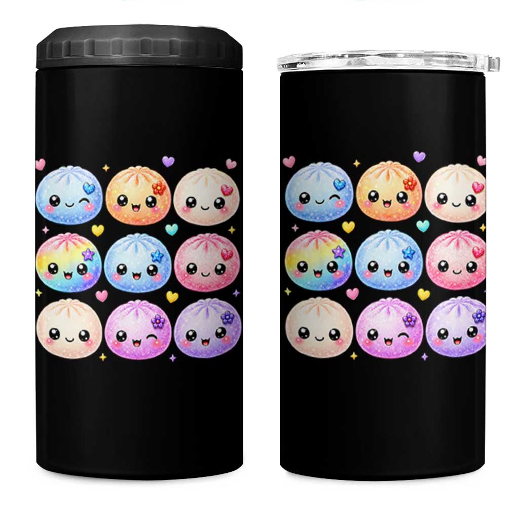 Kawaii Glitter Dumpling Bao Dim Sum Graphic 4 in 1 Can Cooler Tumbler Cute Pastel Foodie Squishy Hearts and Flowers