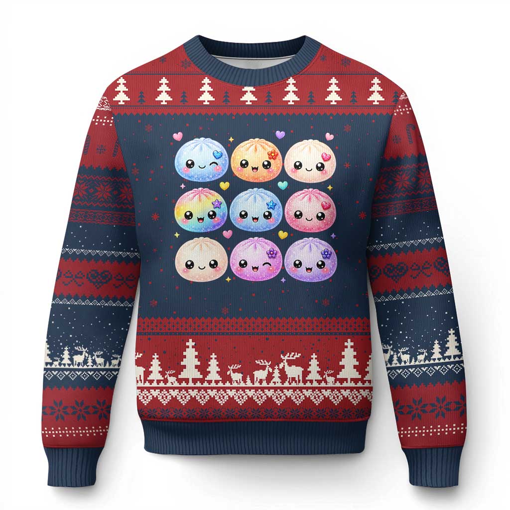 Kawaii Glitter Dumpling Bao Dim Sum Graphic Ugly Christmas Sweater Cute Pastel Foodie Squishy Hearts and Flowers
