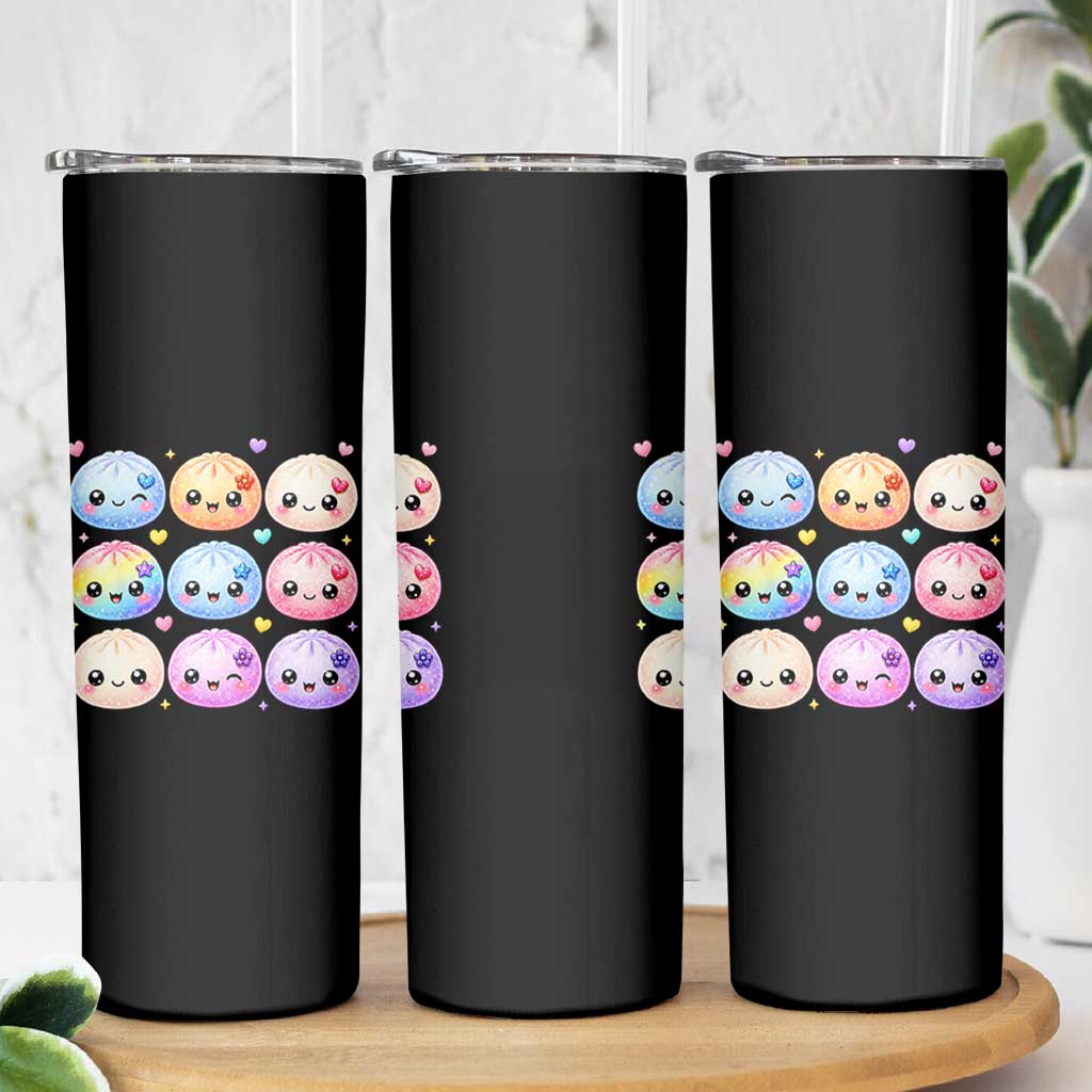 Kawaii Glitter Dumpling Bao Dim Sum Graphic Skinny Tumbler Cute Pastel Foodie Squishy Hearts and Flowers