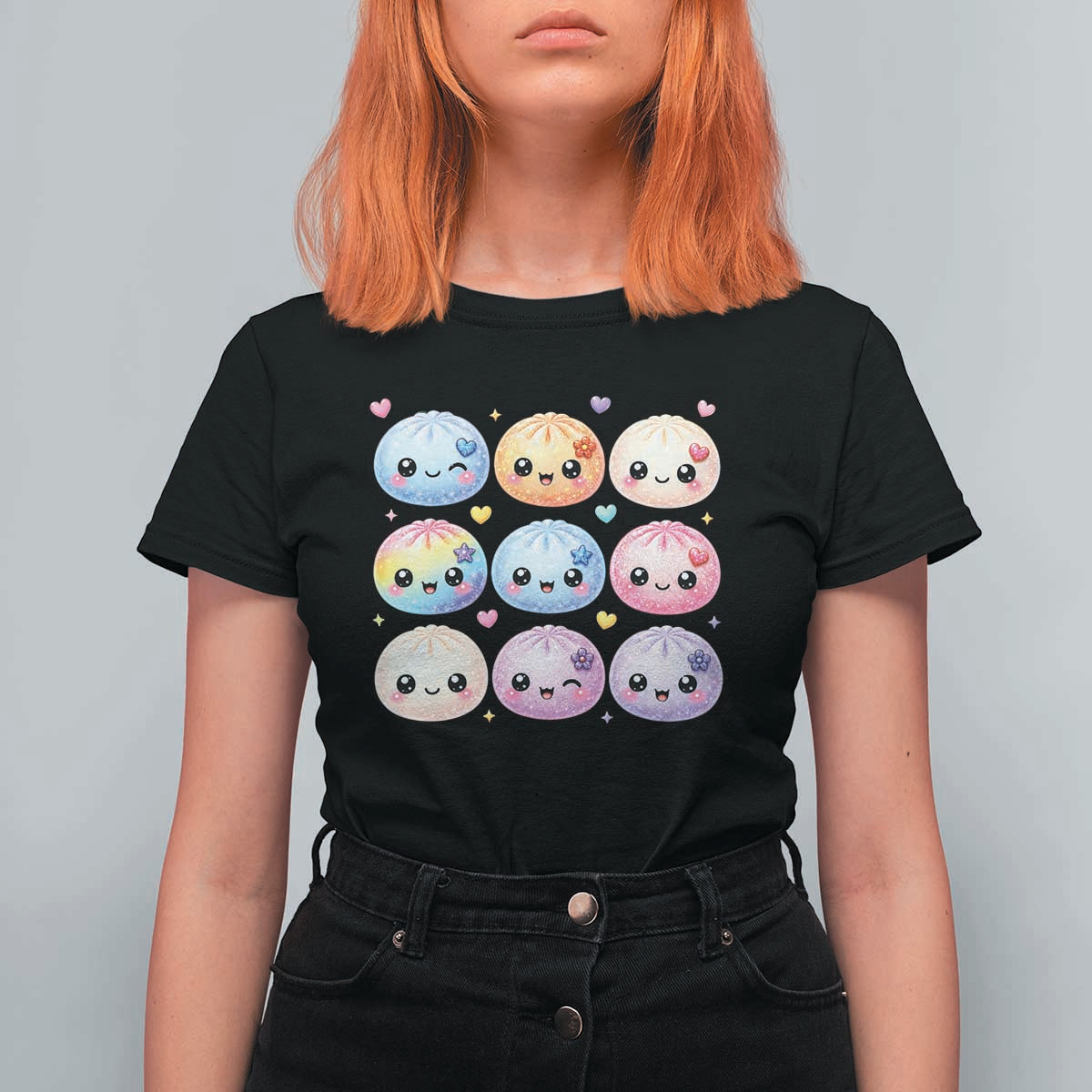 Kawaii Glitter Dumpling Bao Dim Sum Graphic T Shirt For Women Cute Pastel Foodie Squishy Hearts and Flowers