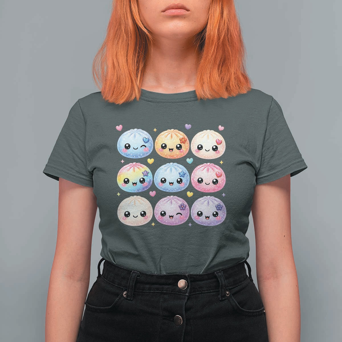 Kawaii Glitter Dumpling Bao Dim Sum Graphic T Shirt For Women Cute Pastel Foodie Squishy Hearts and Flowers