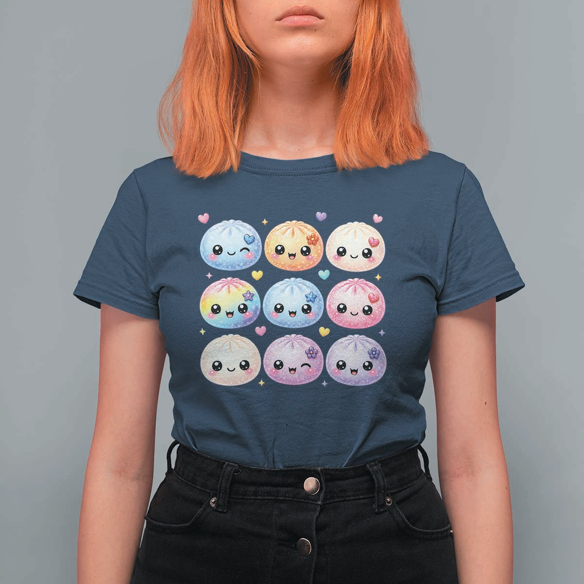 Kawaii Glitter Dumpling Bao Dim Sum Graphic T Shirt For Women Cute Pastel Foodie Squishy Hearts and Flowers