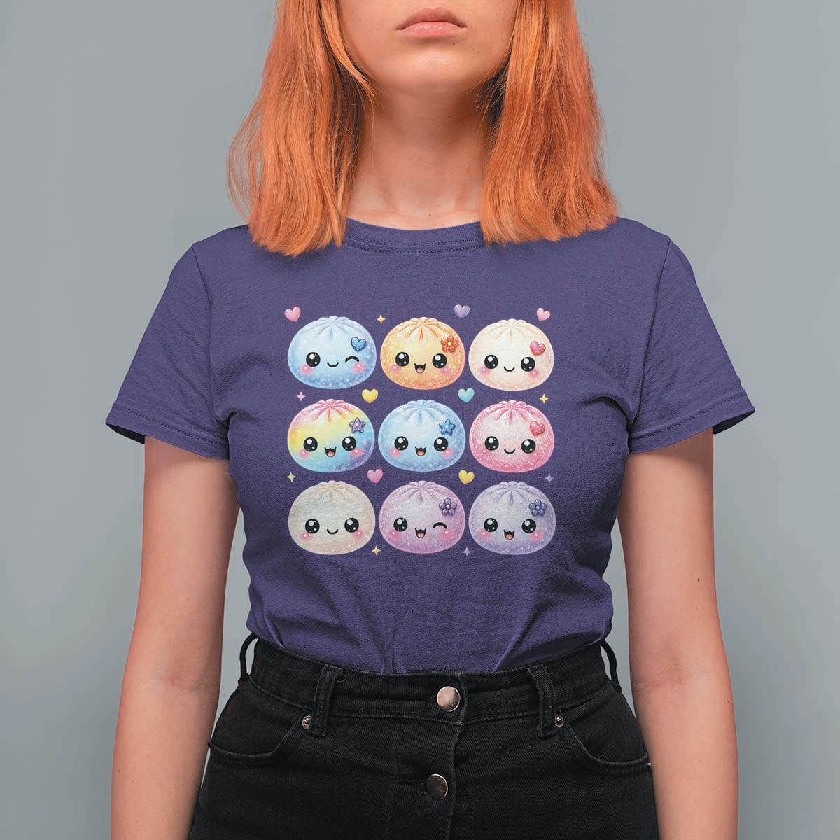Kawaii Glitter Dumpling Bao Dim Sum Graphic T Shirt For Women Cute Pastel Foodie Squishy Hearts and Flowers