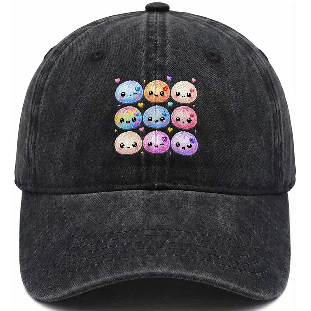 Kawaii Glitter Dumpling Bao Dim Sum Graphic Washed Cotton Baseball Cap Cute Pastel Foodie Squishy Hearts and Flowers