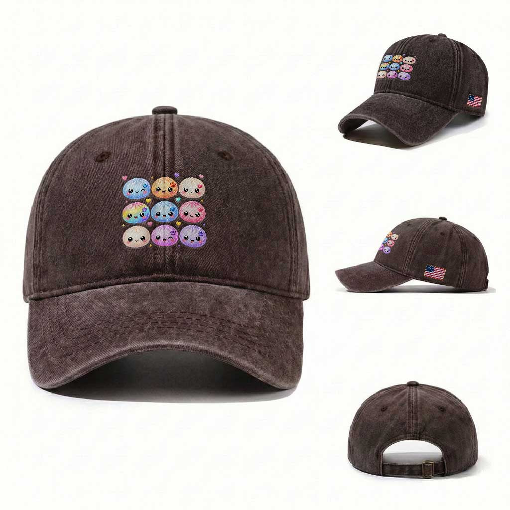 Kawaii Glitter Dumpling Bao Dim Sum Graphic Washed Cotton Baseball Cap Cute Pastel Foodie Squishy Hearts and Flowers