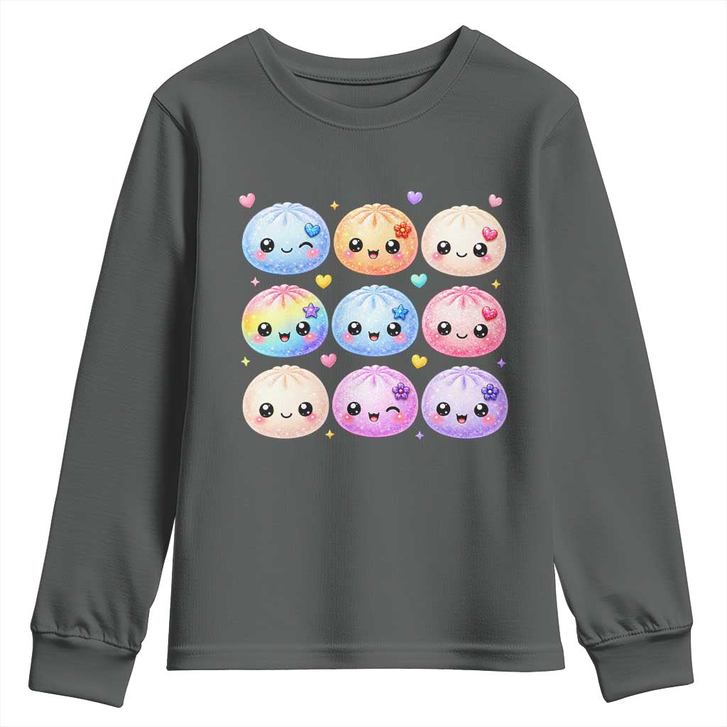 Kawaii Glitter Dumpling Bao Dim Sum Graphic Youth Sweatshirt Cute Pastel Foodie Squishy Hearts and Flowers