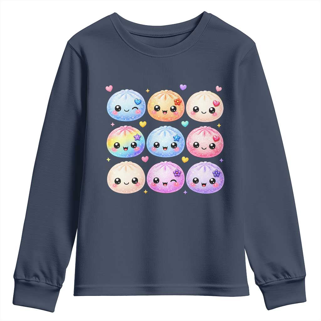 Kawaii Glitter Dumpling Bao Dim Sum Graphic Youth Sweatshirt Cute Pastel Foodie Squishy Hearts and Flowers