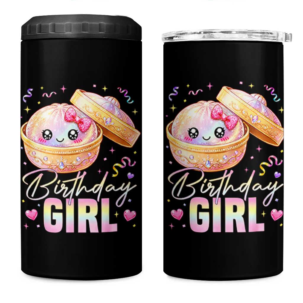 Kawaii Birthday Girl Glitter Dumpling Graphic 4 in 1 Can Cooler Tumbler Cute Pink Bow Dim Sum Party Gift