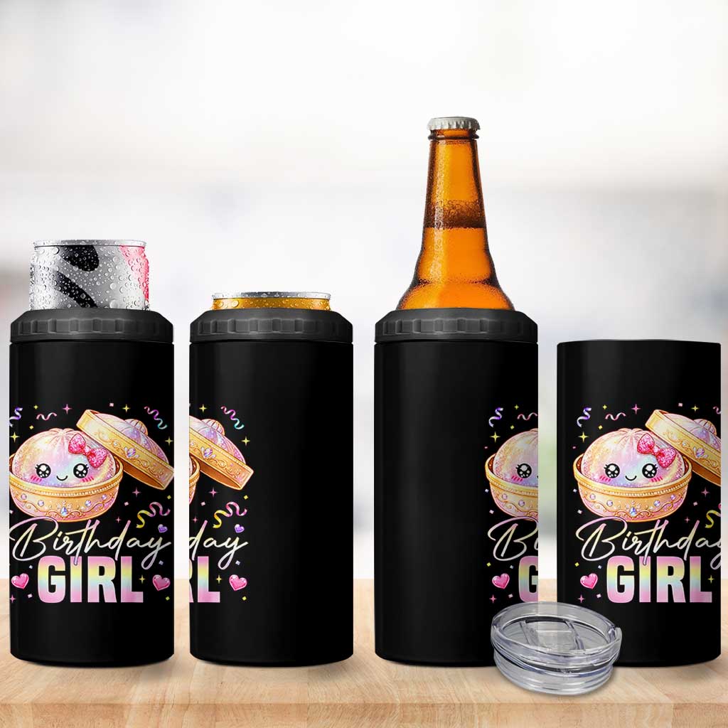 Kawaii Birthday Girl Glitter Dumpling Graphic 4 in 1 Can Cooler Tumbler Cute Pink Bow Dim Sum Party Gift
