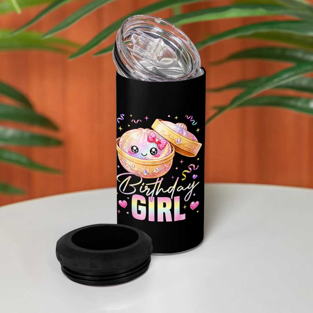 Kawaii Birthday Girl Glitter Dumpling Graphic 4 in 1 Can Cooler Tumbler Cute Pink Bow Dim Sum Party Gift