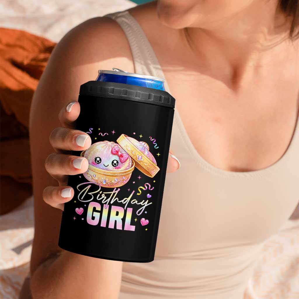 Kawaii Birthday Girl Glitter Dumpling Graphic 4 in 1 Can Cooler Tumbler Cute Pink Bow Dim Sum Party Gift