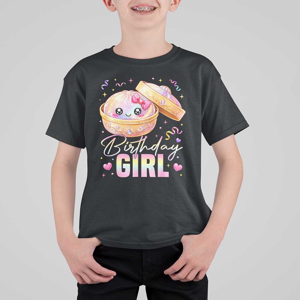 Kawaii Birthday Girl Glitter Dumpling Graphic T Shirt For Kid Cute Pink Bow Dim Sum Party Gift