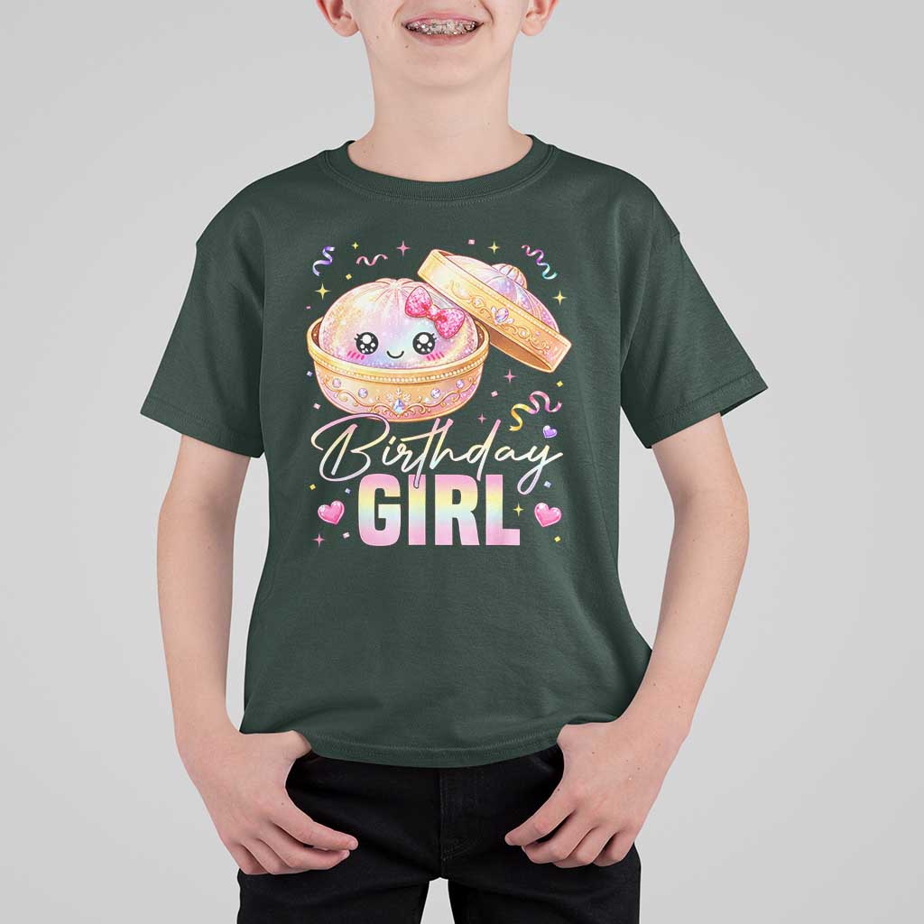 Kawaii Birthday Girl Glitter Dumpling Graphic T Shirt For Kid Cute Pink Bow Dim Sum Party Gift