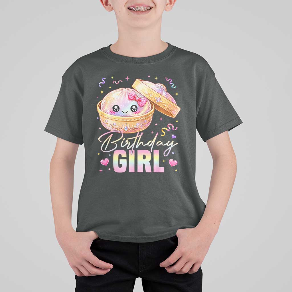 Kawaii Birthday Girl Glitter Dumpling Graphic T Shirt For Kid Cute Pink Bow Dim Sum Party Gift
