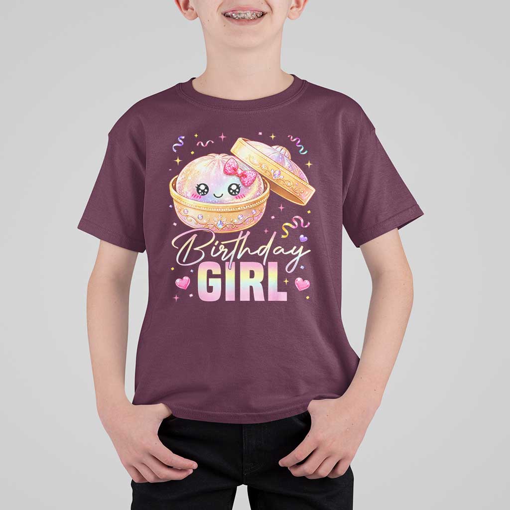 Kawaii Birthday Girl Glitter Dumpling Graphic T Shirt For Kid Cute Pink Bow Dim Sum Party Gift