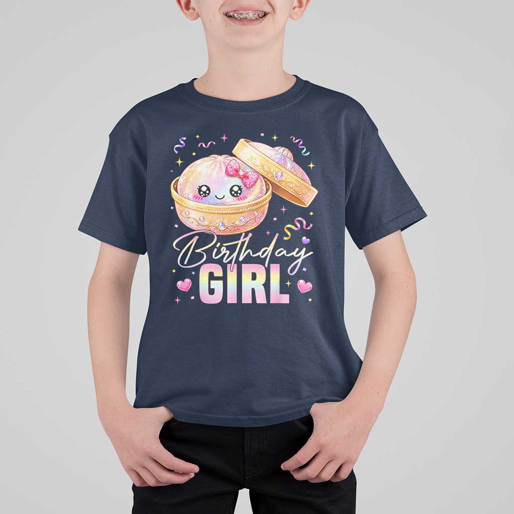 Kawaii Birthday Girl Glitter Dumpling Graphic T Shirt For Kid Cute Pink Bow Dim Sum Party Gift