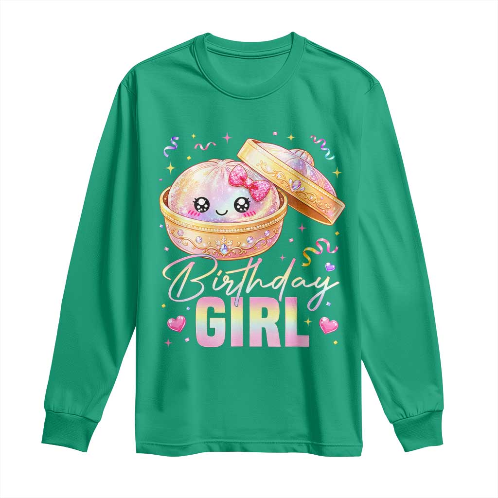 Kawaii Birthday Girl Glitter Dumpling Graphic Long Sleeve Shirt Cute Pink Bow Dim Sum Party Gift