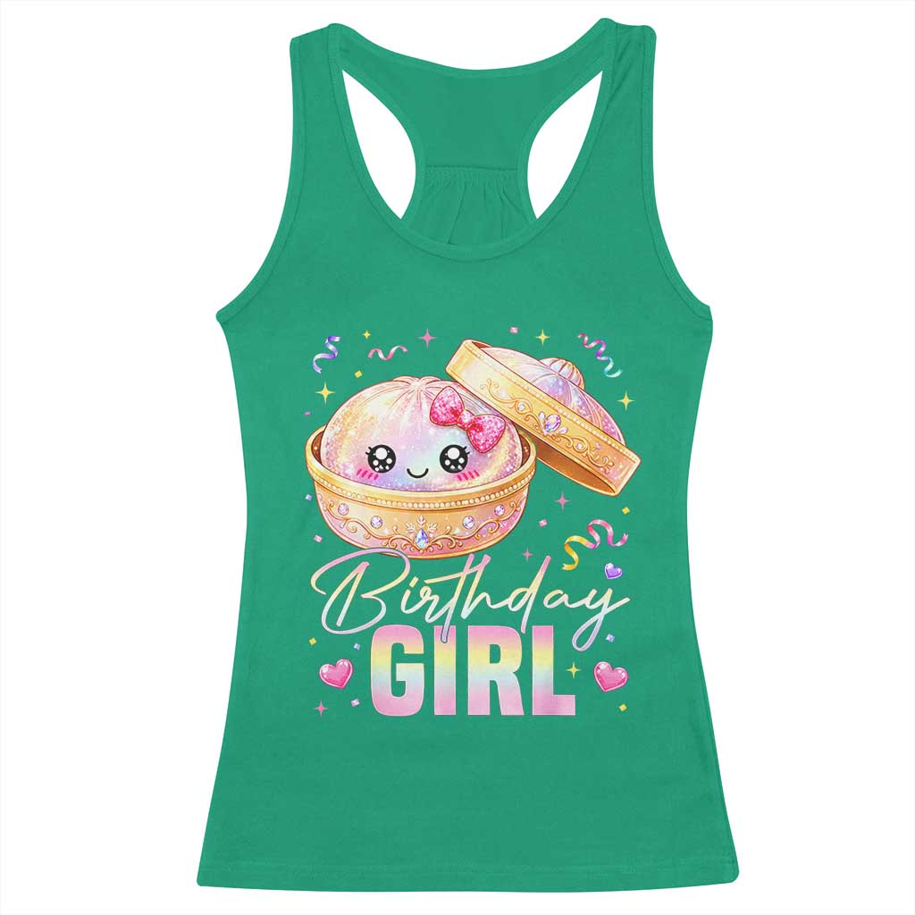 Kawaii Birthday Girl Glitter Dumpling Graphic Racerback Tank Top Cute Pink Bow Dim Sum Party Gift