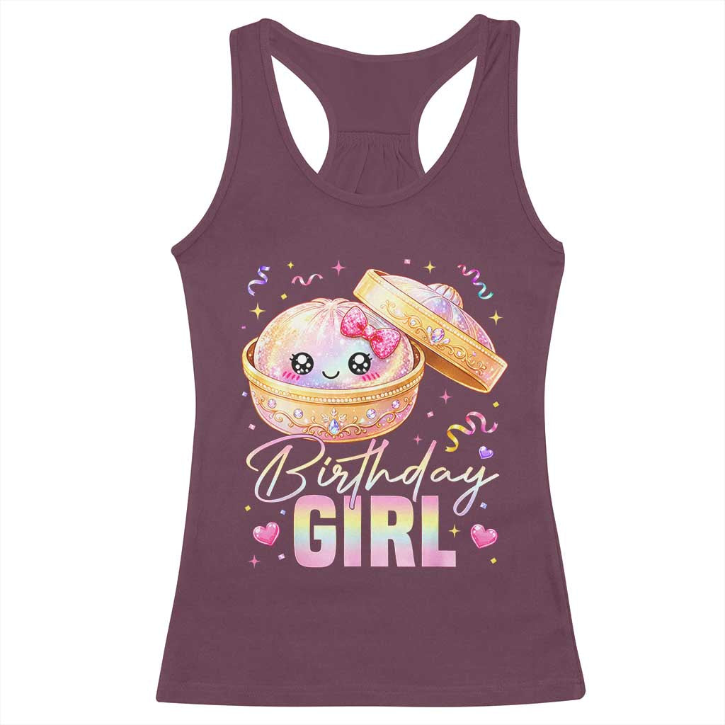 Kawaii Birthday Girl Glitter Dumpling Graphic Racerback Tank Top Cute Pink Bow Dim Sum Party Gift