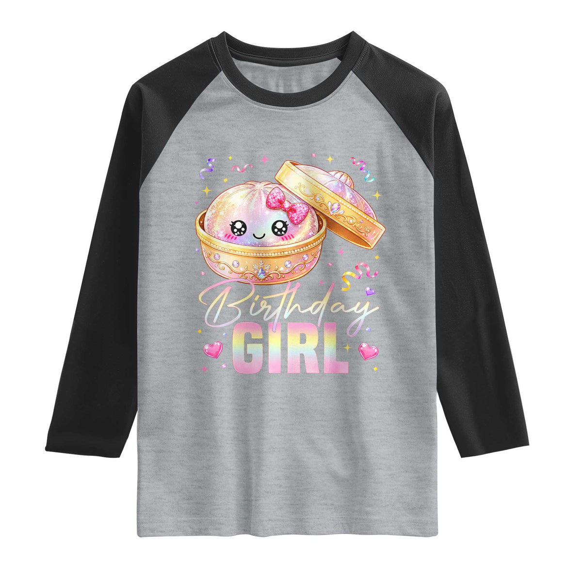 Kawaii Birthday Girl Glitter Dumpling Graphic Raglan Shirt Cute Pink Bow Dim Sum Party Gift