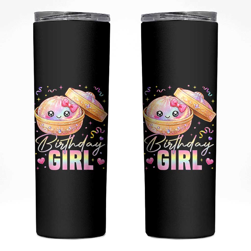Kawaii Birthday Girl Glitter Dumpling Graphic Skinny Tumbler Cute Pink Bow Dim Sum Party Gift