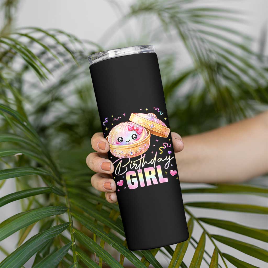 Kawaii Birthday Girl Glitter Dumpling Graphic Skinny Tumbler Cute Pink Bow Dim Sum Party Gift