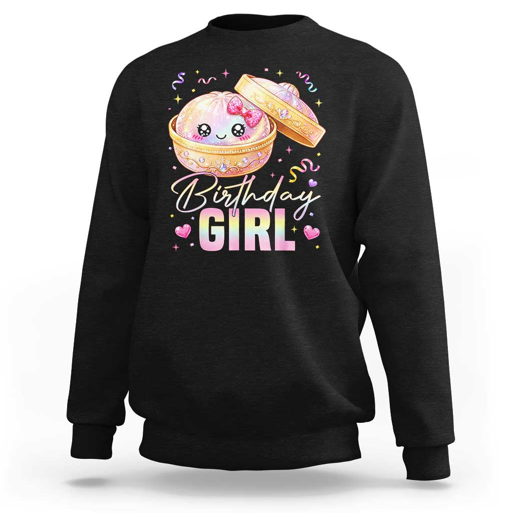 Kawaii Birthday Girl Glitter Dumpling Graphic Sweatshirt Cute Pink Bow Dim Sum Party Gift