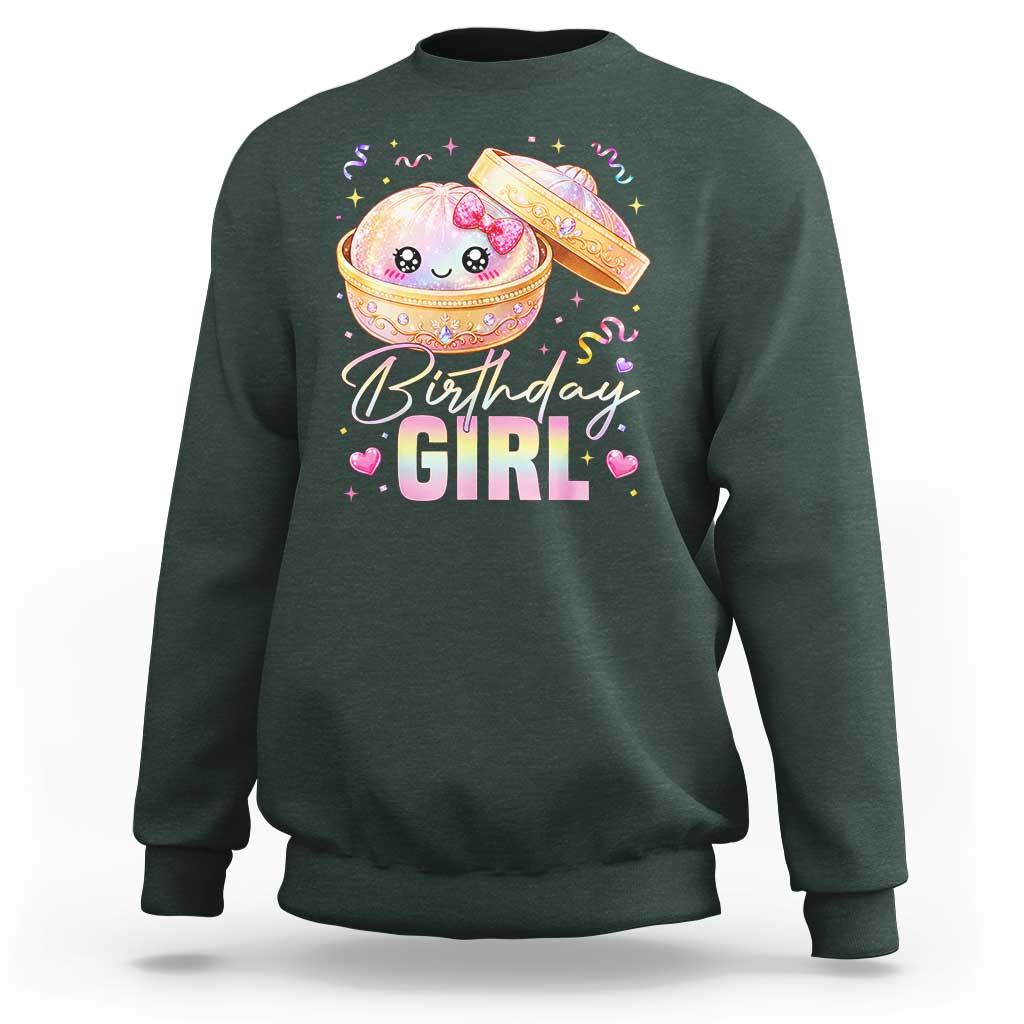 Kawaii Birthday Girl Glitter Dumpling Graphic Sweatshirt Cute Pink Bow Dim Sum Party Gift