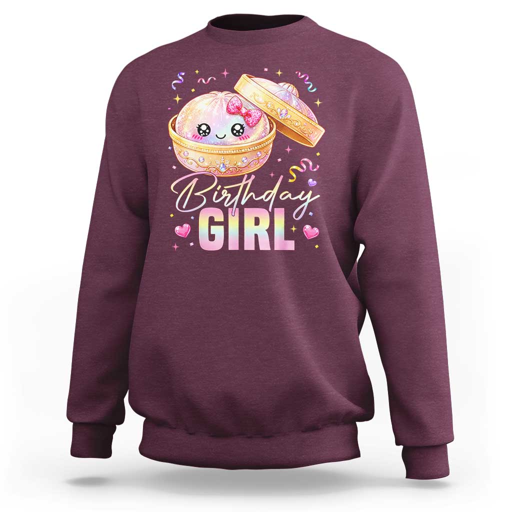 Kawaii Birthday Girl Glitter Dumpling Graphic Sweatshirt Cute Pink Bow Dim Sum Party Gift