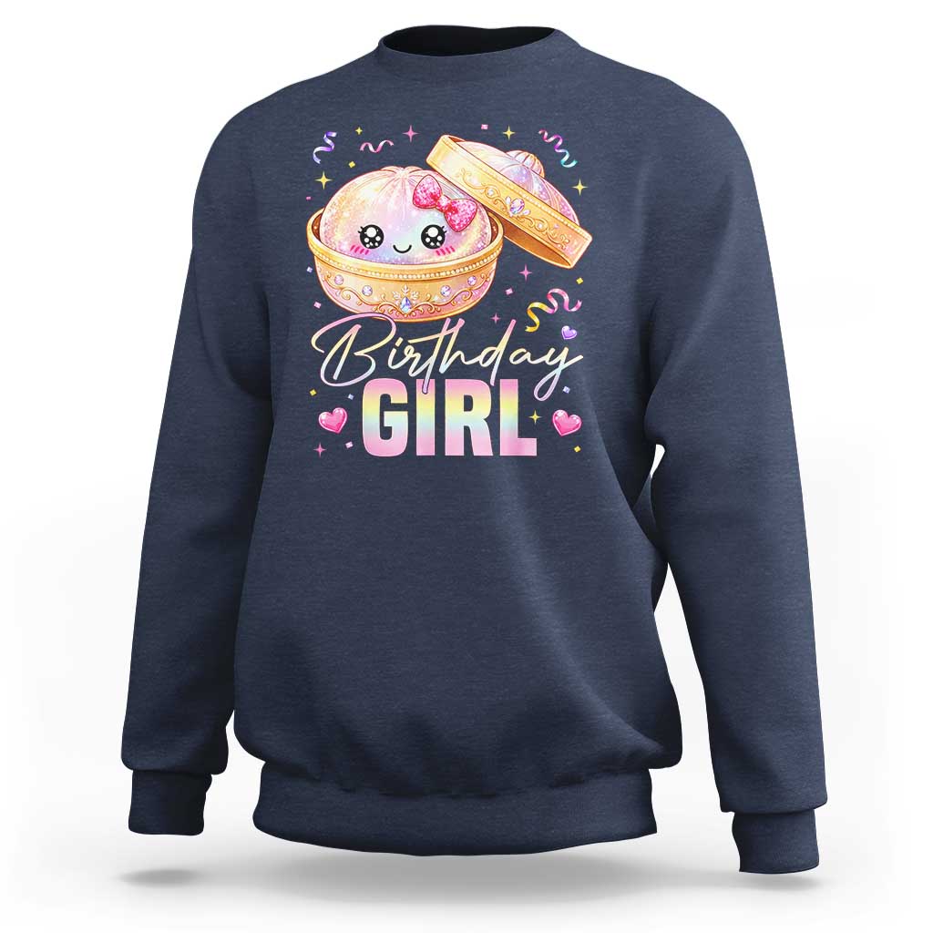 Kawaii Birthday Girl Glitter Dumpling Graphic Sweatshirt Cute Pink Bow Dim Sum Party Gift