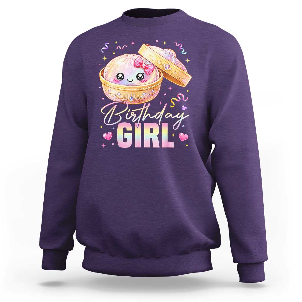 Kawaii Birthday Girl Glitter Dumpling Graphic Sweatshirt Cute Pink Bow Dim Sum Party Gift