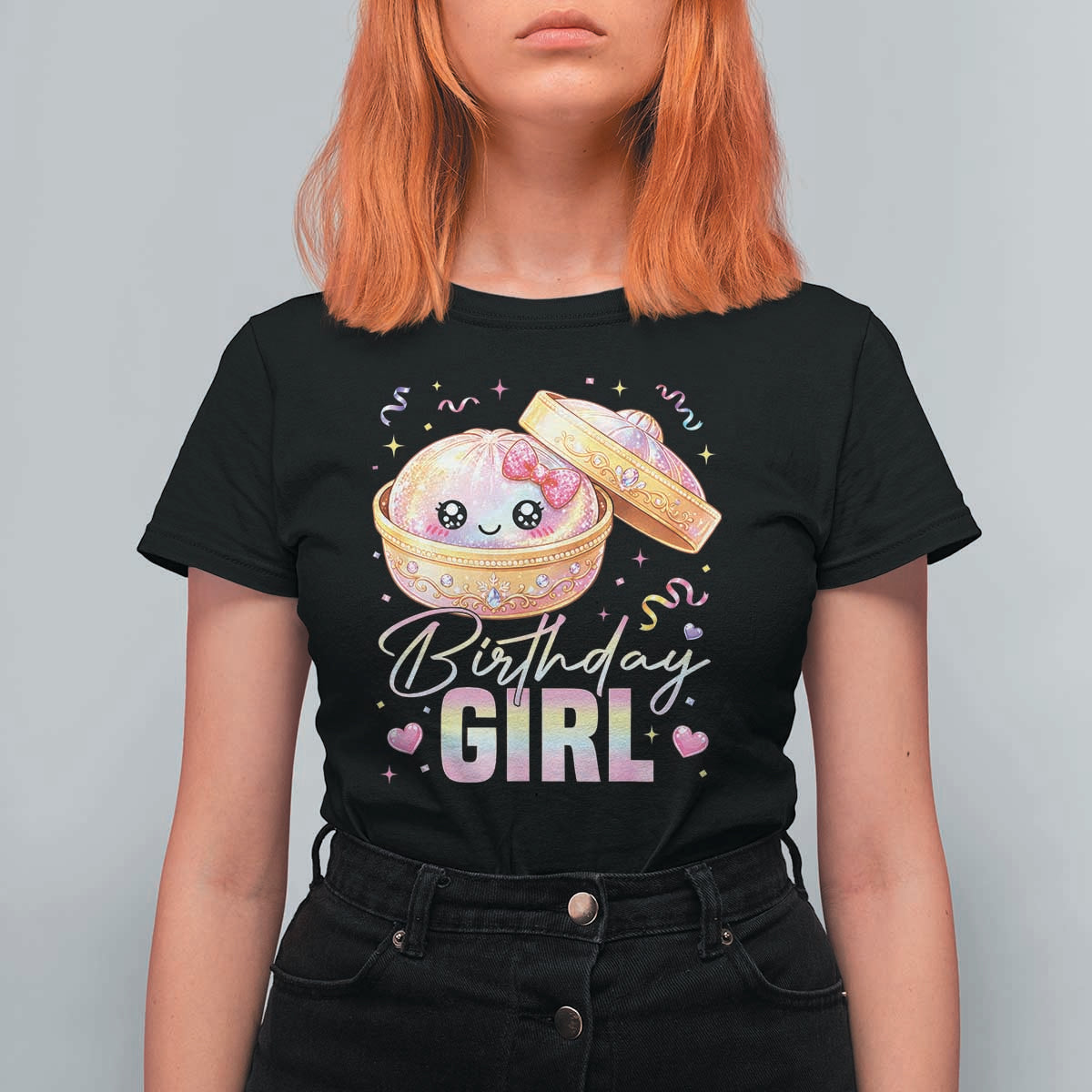 Kawaii Birthday Girl Glitter Dumpling Graphic T Shirt For Women Cute Pink Bow Dim Sum Party Gift