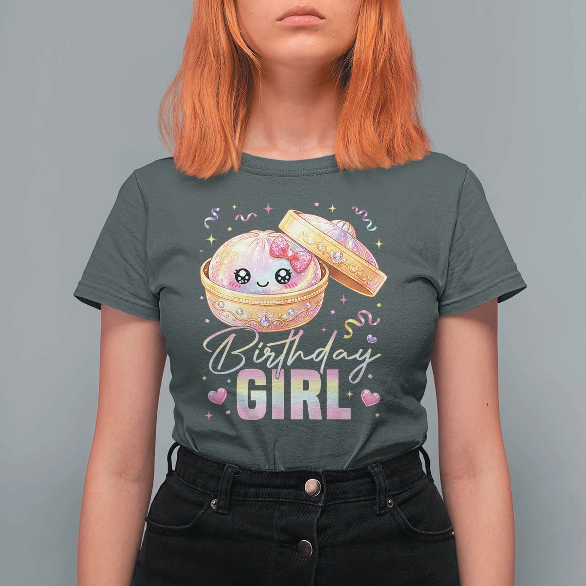 Kawaii Birthday Girl Glitter Dumpling Graphic T Shirt For Women Cute Pink Bow Dim Sum Party Gift