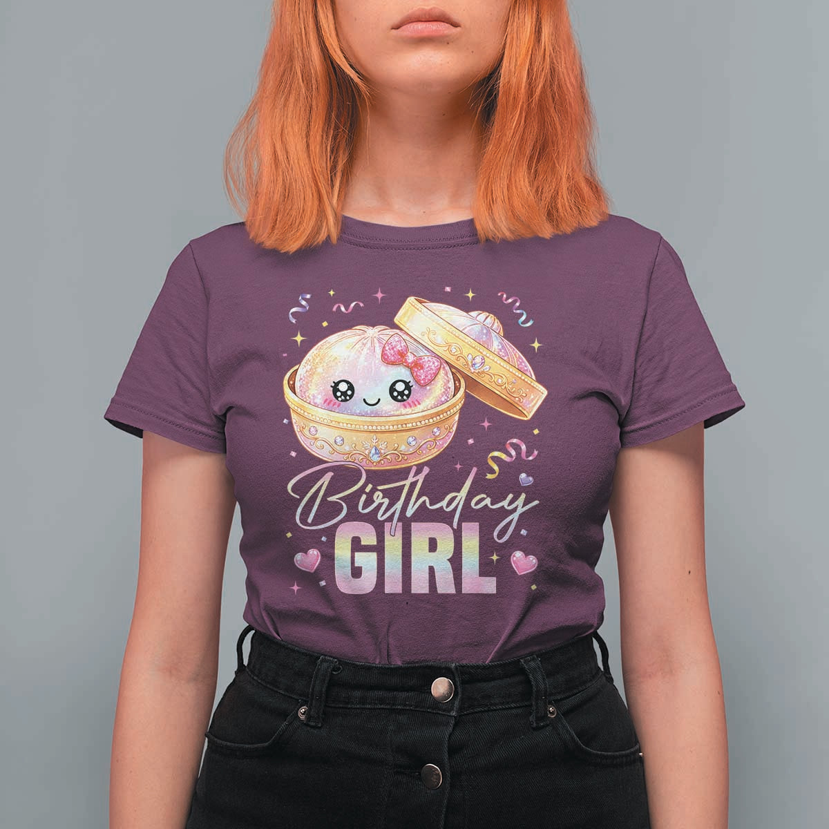 Kawaii Birthday Girl Glitter Dumpling Graphic T Shirt For Women Cute Pink Bow Dim Sum Party Gift