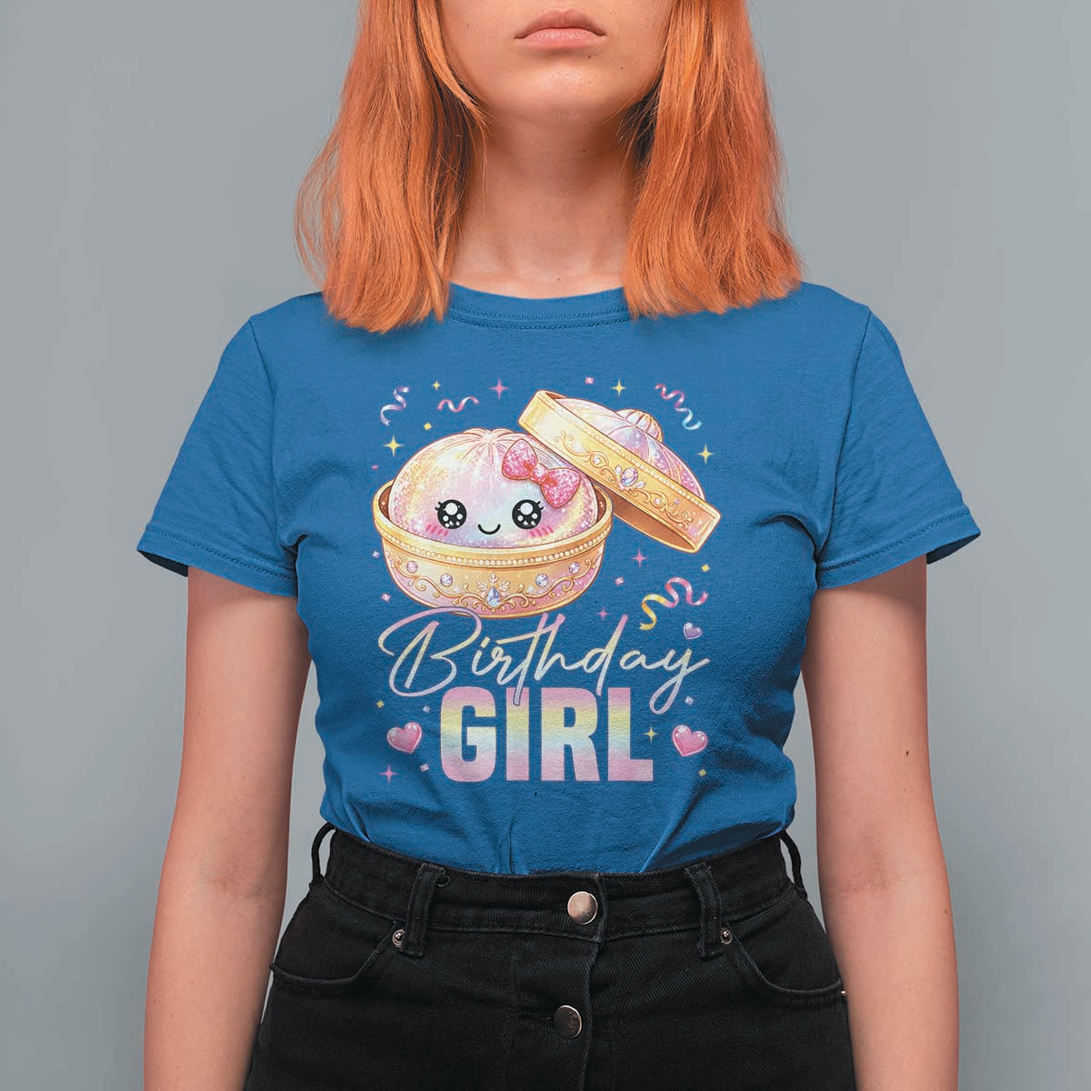 Kawaii Birthday Girl Glitter Dumpling Graphic T Shirt For Women Cute Pink Bow Dim Sum Party Gift