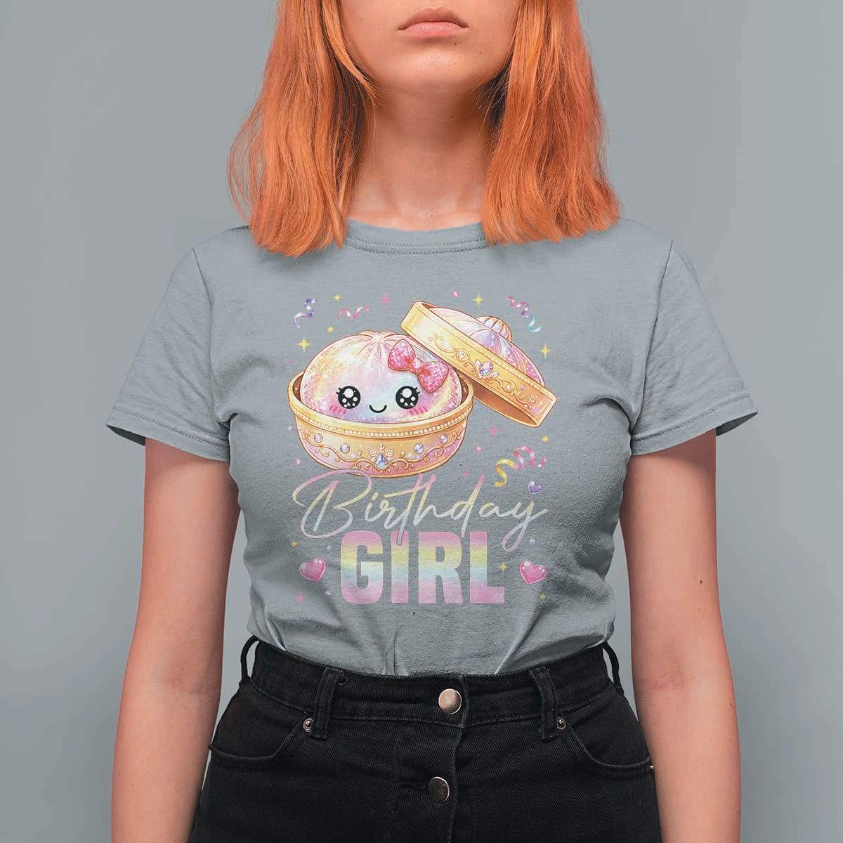 Kawaii Birthday Girl Glitter Dumpling Graphic T Shirt For Women Cute Pink Bow Dim Sum Party Gift