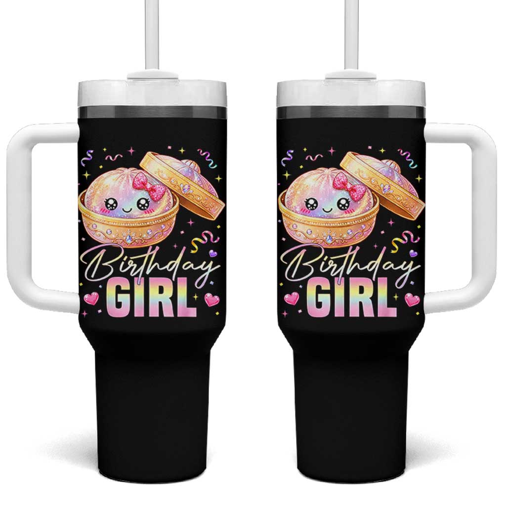 Kawaii Birthday Girl Glitter Dumpling Graphic Tumbler With Handle Cute Pink Bow Dim Sum Party Gift