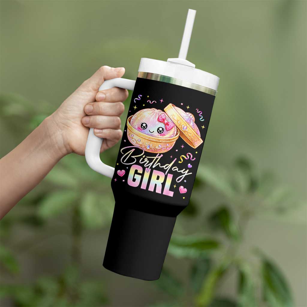 Kawaii Birthday Girl Glitter Dumpling Graphic Tumbler With Handle Cute Pink Bow Dim Sum Party Gift