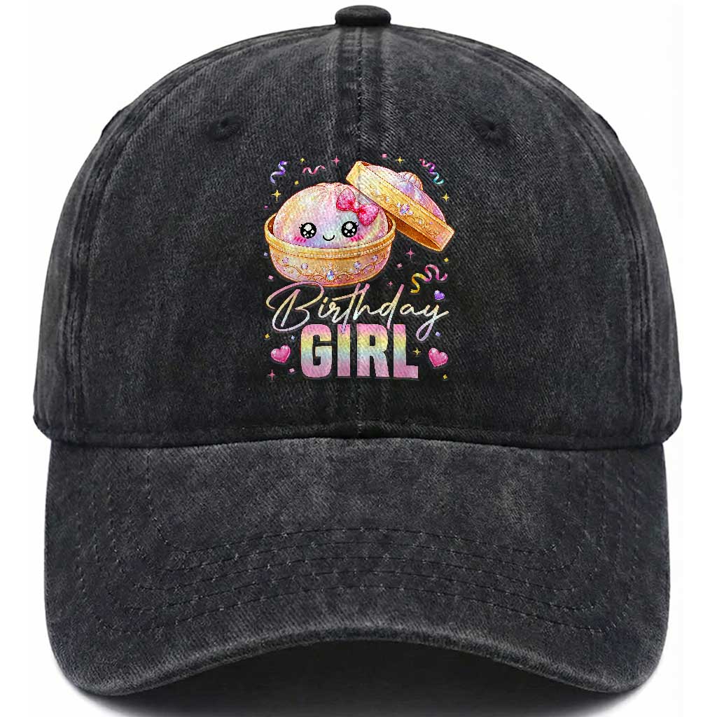Kawaii Birthday Girl Glitter Dumpling Graphic Washed Cotton Baseball Cap Cute Pink Bow Dim Sum Party Gift