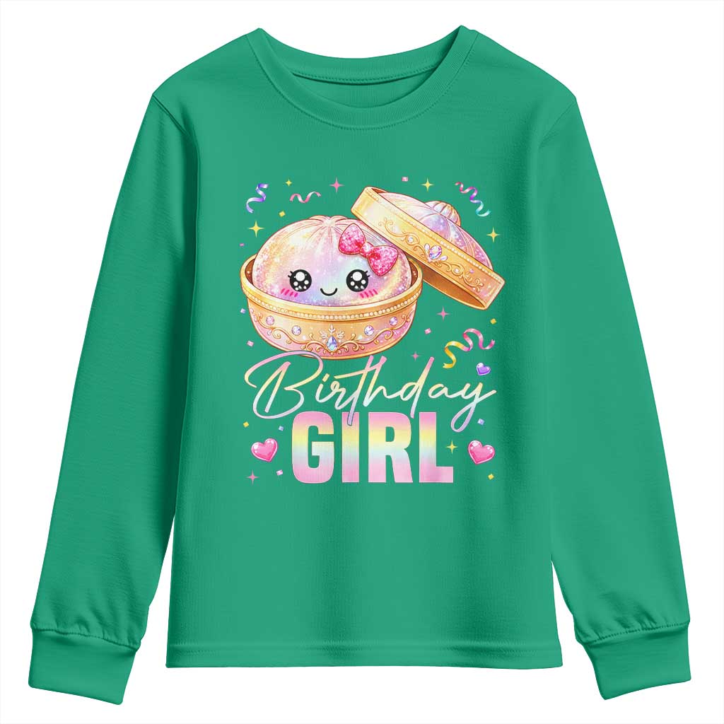 Kawaii Birthday Girl Glitter Dumpling Graphic Youth Sweatshirt Cute Pink Bow Dim Sum Party Gift