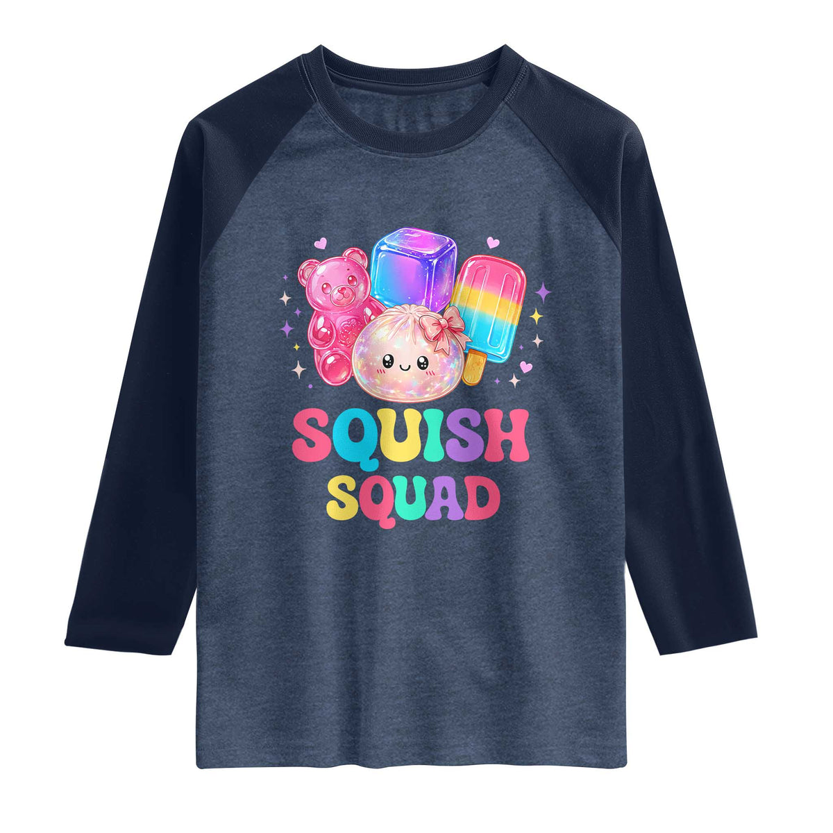 Squish Squad Kawaii Glitter Dumpling and Candy Graphic Raglan Shirt Cute Gummy Bear Popsicle