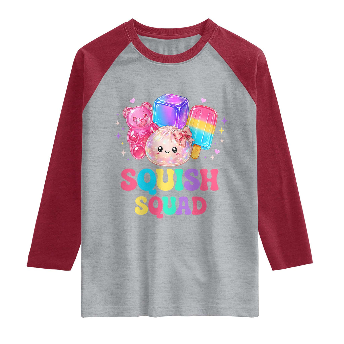 Squish Squad Kawaii Glitter Dumpling and Candy Graphic Raglan Shirt Cute Gummy Bear Popsicle
